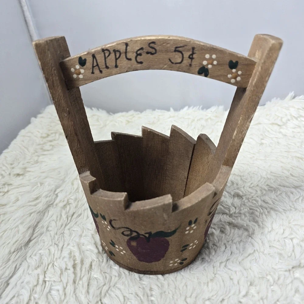 Wooden Mini Apple Basket Handpainted Home Decor Cottagecore Farm House Country